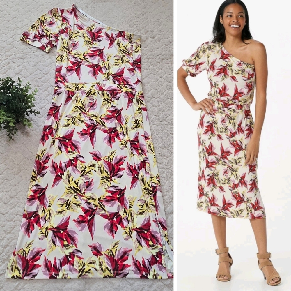 GILI Floral One-Shoulder Straight Midi-Dress, Size X-Small